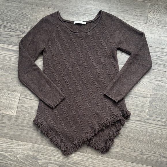 Raffi Sweaters - Raffi |100% Cashmere Chocolate Brown Cable Knit Scoop Neck Sweater Fringe Hem SM